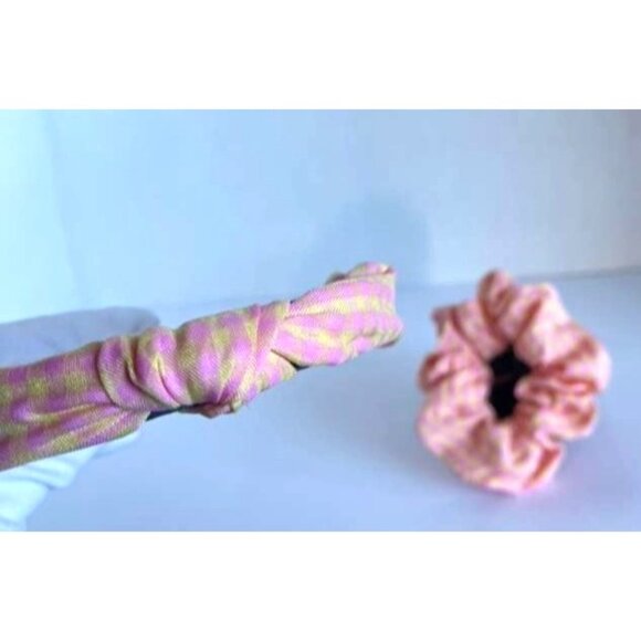 Girls Pink & Yellow Check Headband & Scrunchie Set – Stylish Hair Accessory Bund - Picture 7 of 12